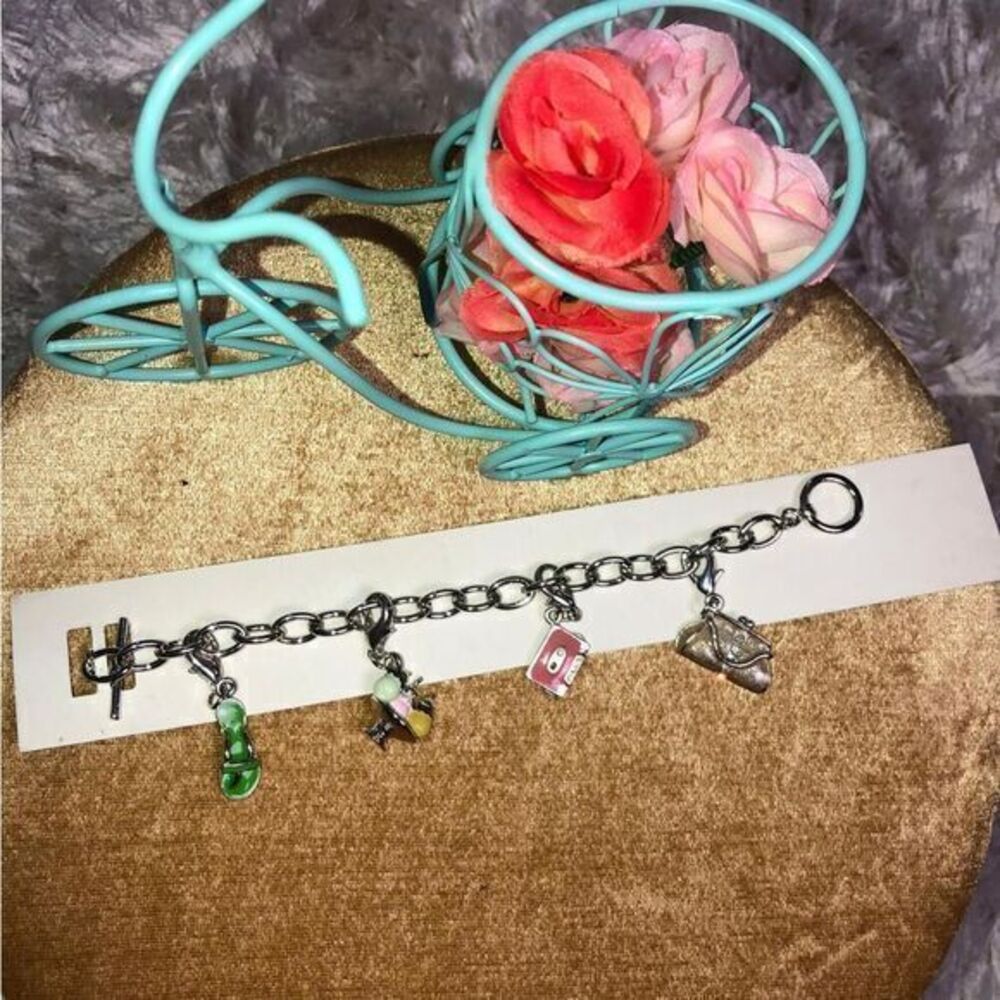 Charm‎ Bracelet with Enameled Shoe Bag Cassette Tape Charms Silver-Tone